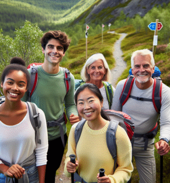 En gruppe turgåere på en norsk sti i variert terreng, smilende mennesker i ulik alder, grønn natur, tydelige stisignaler og dugnadsverktøy i bakgrunnen