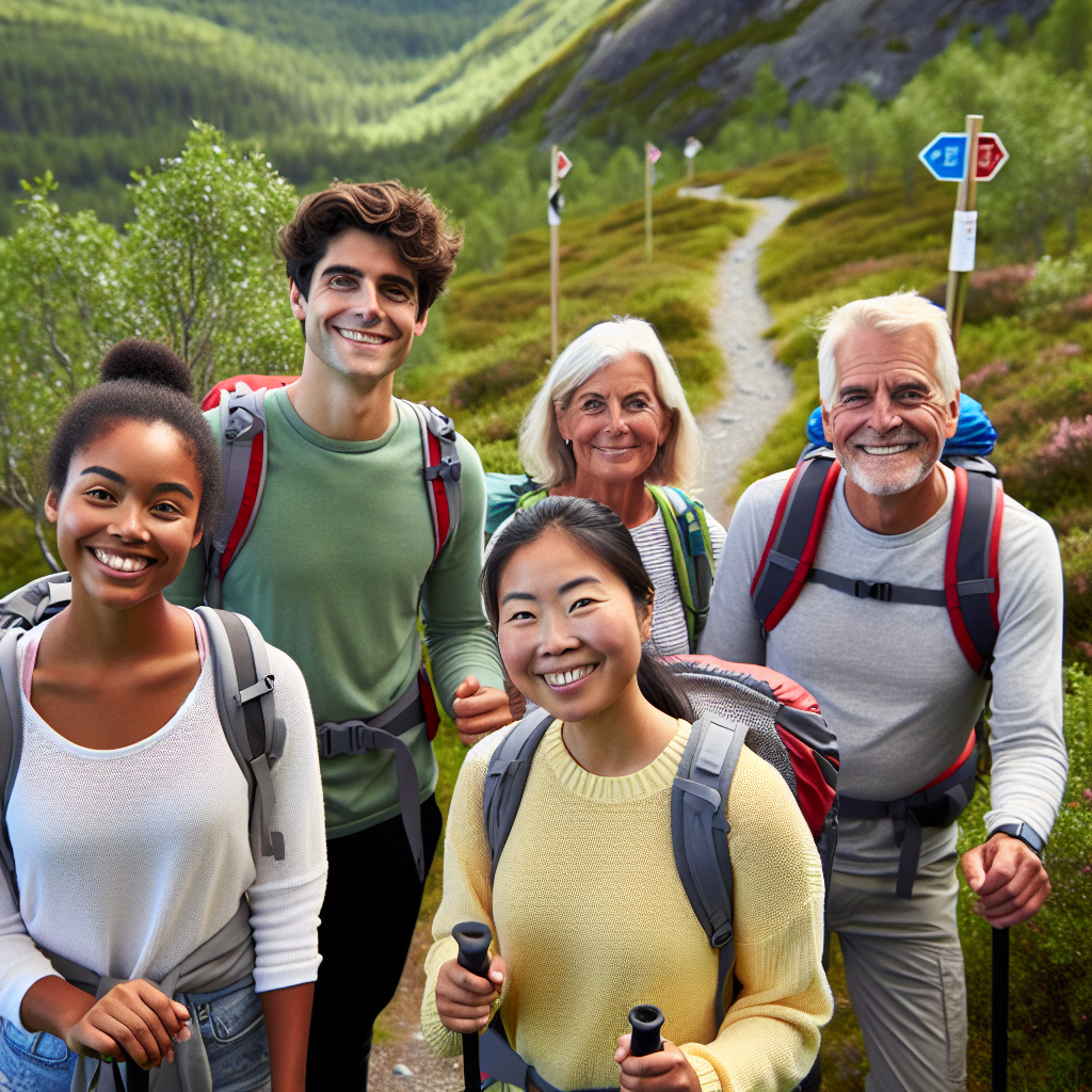 En gruppe turgåere på en norsk sti i variert terreng, smilende mennesker i ulik alder, grønn natur, tydelige stisignaler og dugnadsverktøy i bakgrunnen
