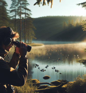 Nordisk fuglekikker ved innsjø i morgenlys, kikkert, stille skog, naturlige farger, rolig stemning, høy detaljrikdom