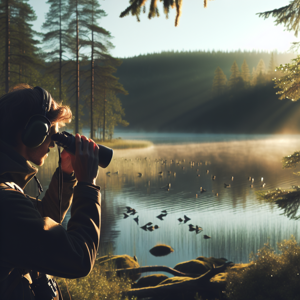 Nordisk fuglekikker ved innsjø i morgenlys, kikkert, stille skog, naturlige farger, rolig stemning, høy detaljrikdom