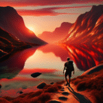 Idyllisk norsk fjellinnsjø ved solnedgang, sti langs vannkanten, en person med ryggsekk i silhuett, klart vann og rødlige fjellrefleksjoner, realistisk, høy oppløsning