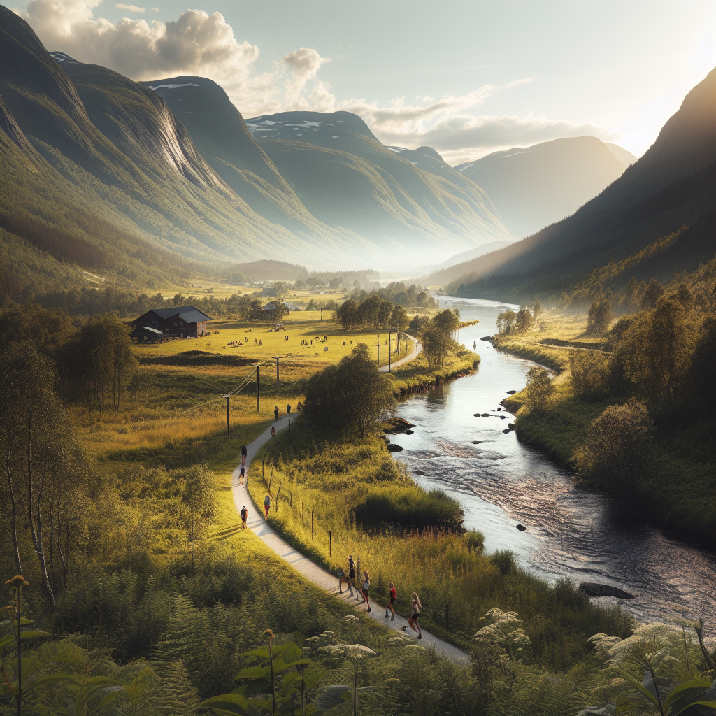 Oversiktsbilde av norsk dal i mykt dagslys: sti som følger elv, frodig vegetasjon, fjell i bakgrunnen, friluftsliv-aktiviteter, rolig og bærekraftig atmosfære