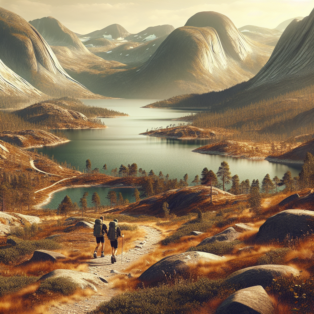 Vidstrakt norsk nasjonalpark med innsjø, fjell og furuskog, en tydelig tursti med to turgåere i bærekraftig turutstyr, mykt gyllent lys, realistisk stil