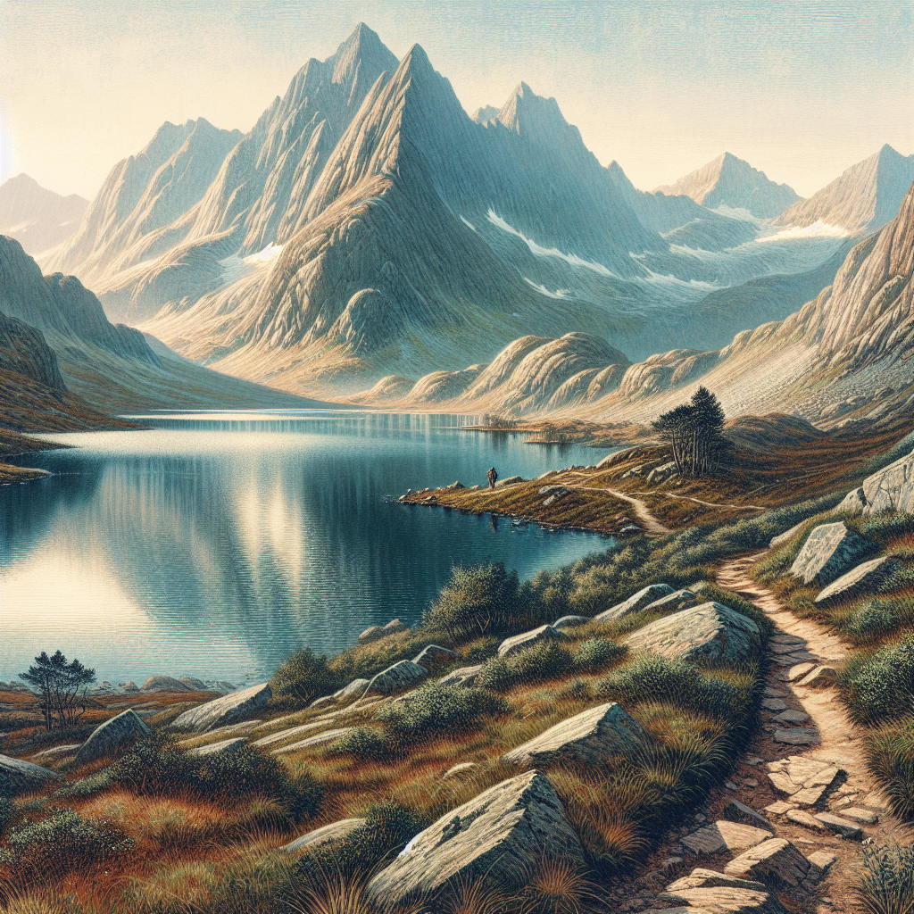Panoramabilde av fottur langs en stille fjellinnsjø i norsk høyfjell, myke morgentoner, sti ved vannkanten, fjelltopper i bakgrunnen, realistisk