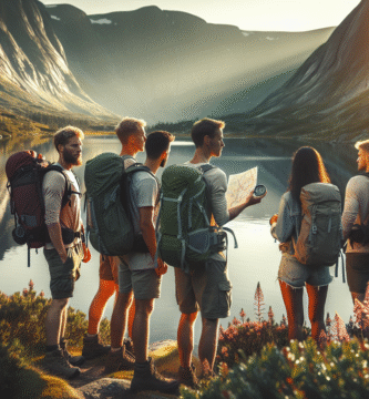 Gruppe turgåere ved en stille innsjø i norsk høyfjell, pakket sekker, tydelig kart og kompass, mykt lys ved soloppgang, naturvennlig og optimistisk stemning