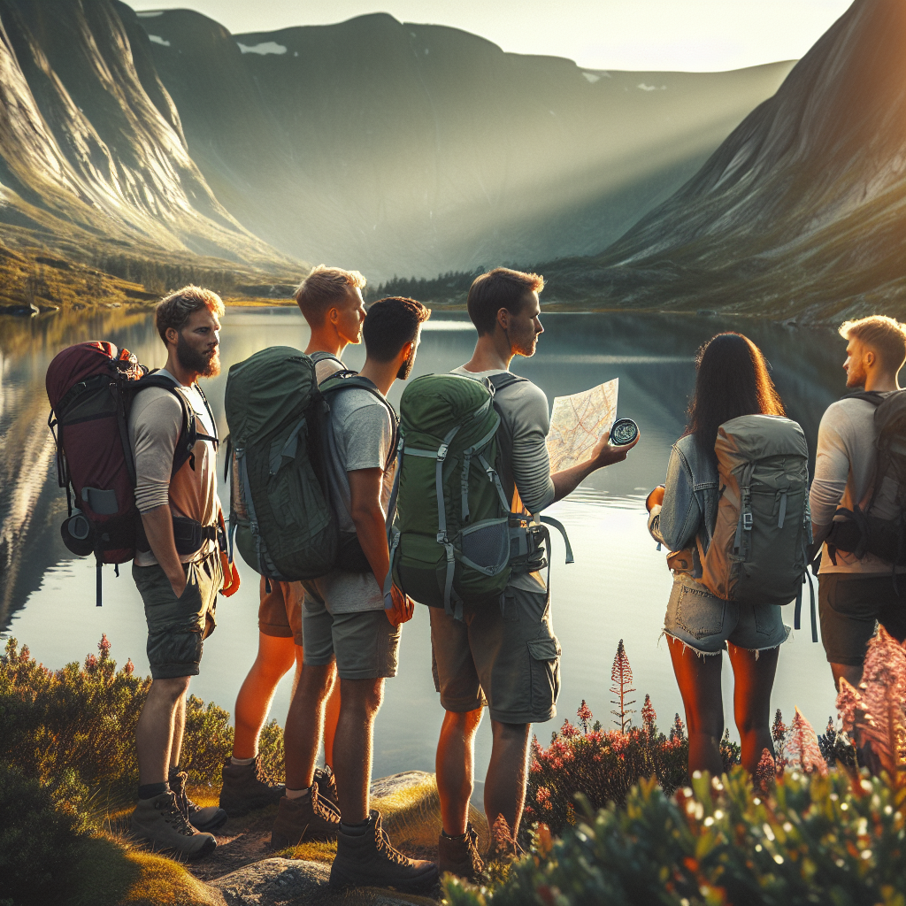 Gruppe turgåere ved en stille innsjø i norsk høyfjell, pakket sekker, tydelig kart og kompass, mykt lys ved soloppgang, naturvennlig og optimistisk stemning